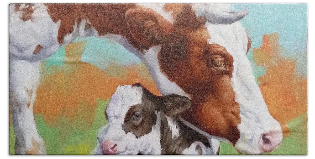 Cow Hand Towel featuring the painting Mama Cow And Calf by Margaret Stockdale