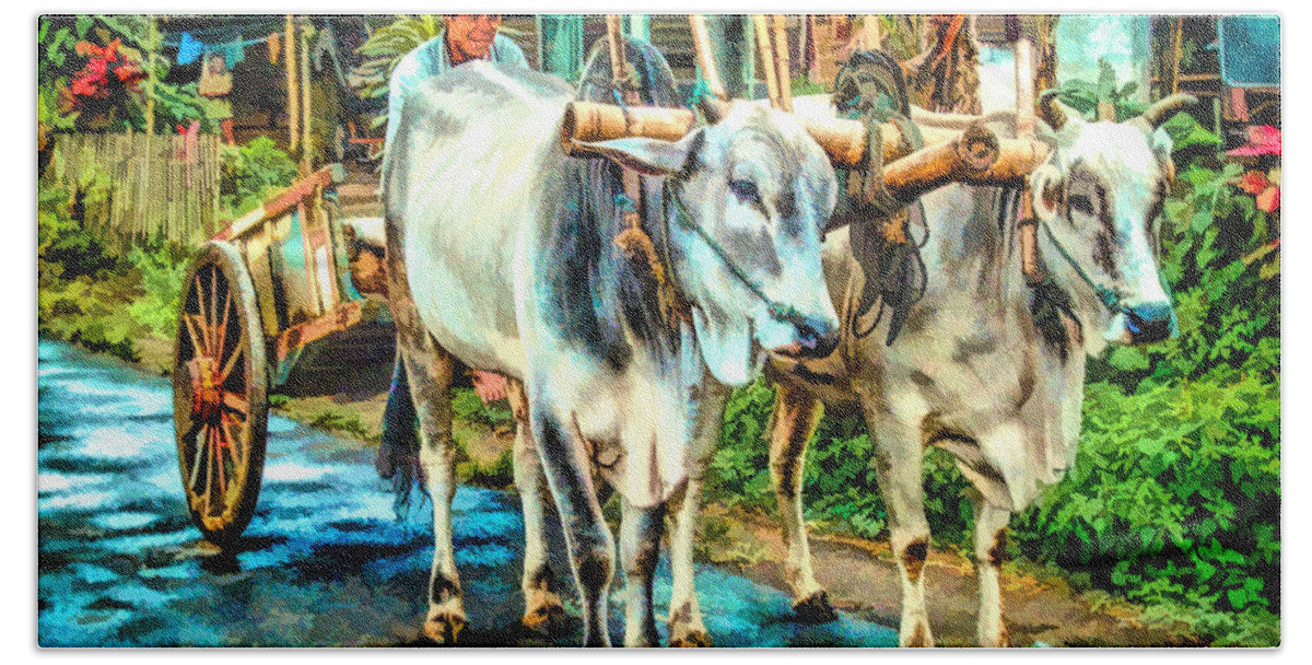 Painting Hand Towel featuring the digital art Man driving a bullock cart, Manado, North Sulawesi by Frank Lee
