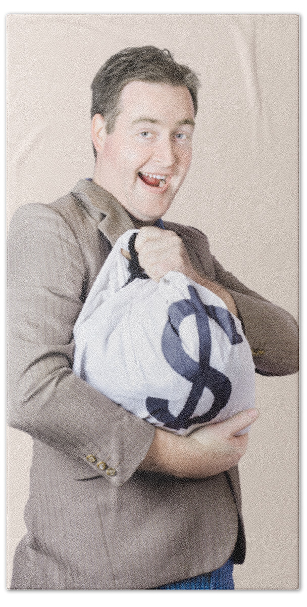 Money Bath Towel featuring the photograph Man holding large sum of money in bank deposit bag by Jorgo Photography