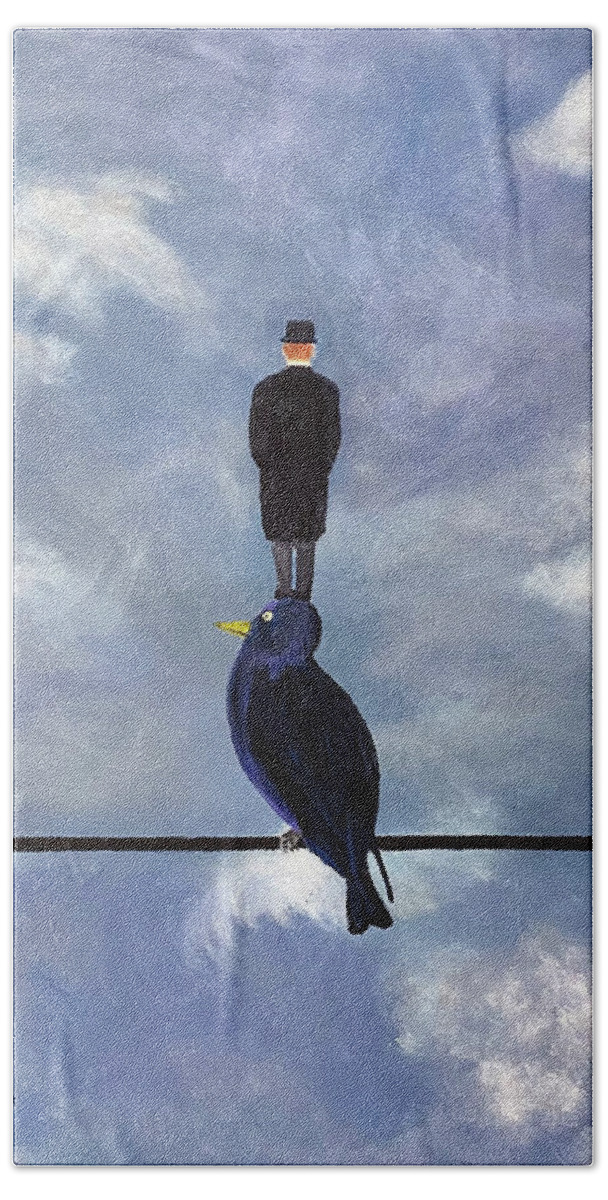 Magritte Bath Towel featuring the painting Man On A Bird On A Wire by Thomas Blood