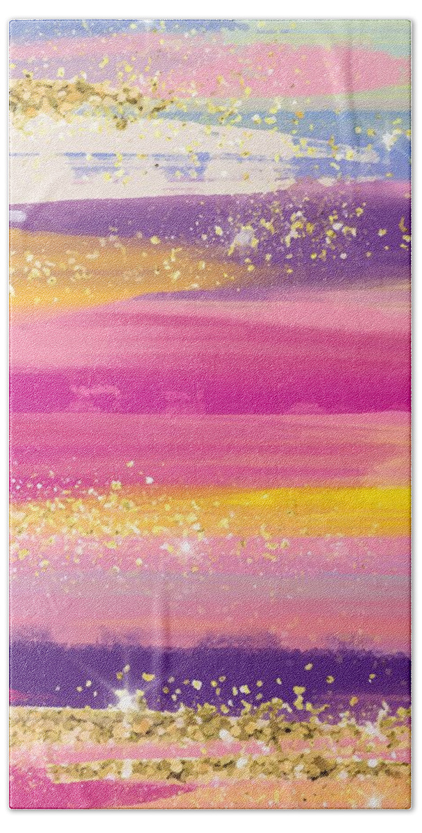 Watercolor Hand Towel featuring the digital art Manalu - Artistic Abstract Purple Gold Glitter Watercolor Painting Digital Art by Sambel Pedes