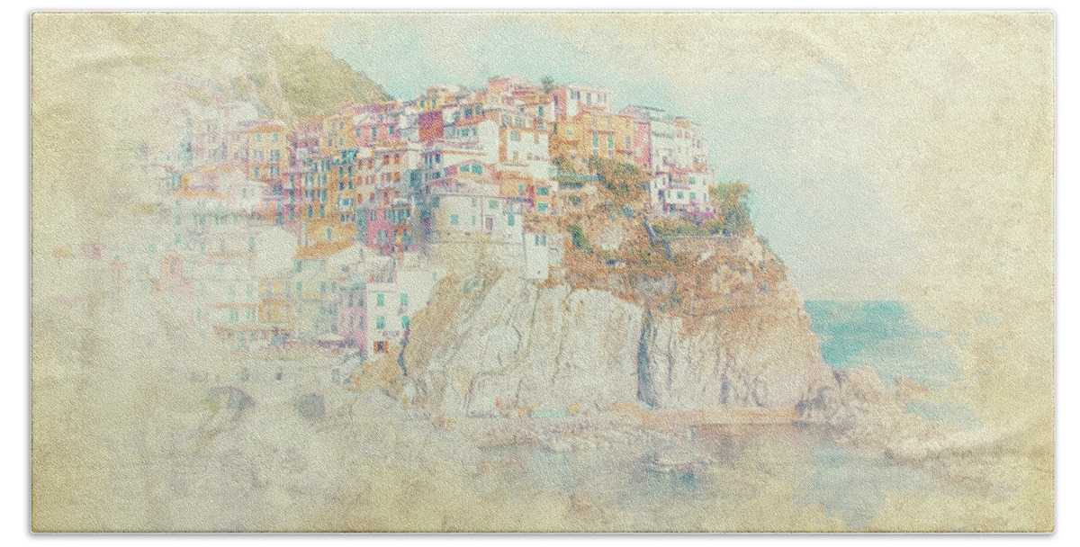 Architecture Hand Towel featuring the mixed media Manarola village in Cinque Terre National Park by Manjik Pictures