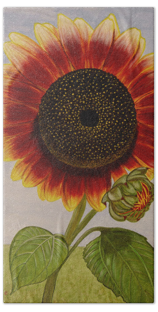Sunflower Hand Towel featuring the painting Mandy's Magnificent Sunflower by Donna Manaraze