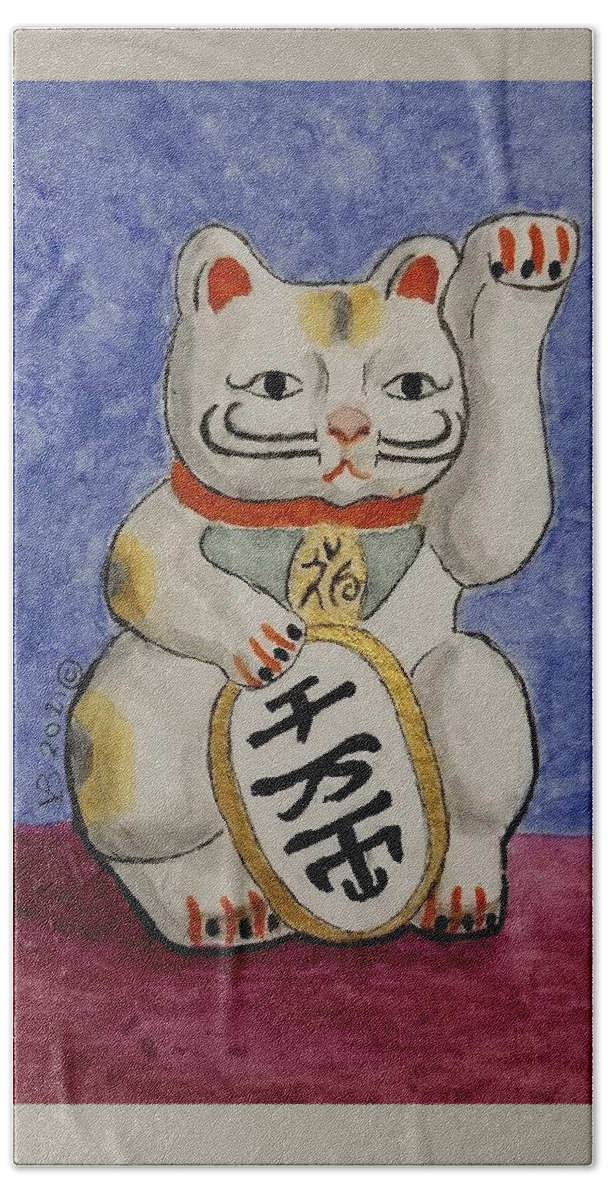 Japanese Cat Hand Towel featuring the painting Maneki Neko Beckoning Cat by Vera Smith
