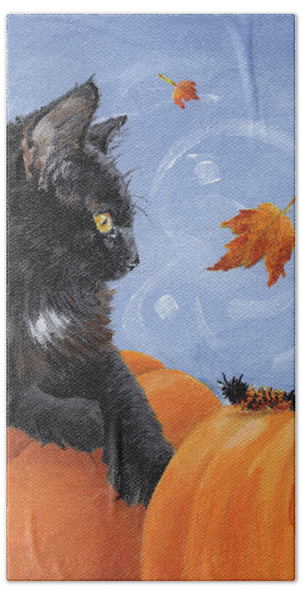 Cat Hand Towel featuring the painting Mango and Caterpillar - Black Cat with Pumpkin Painting by Annie Troe