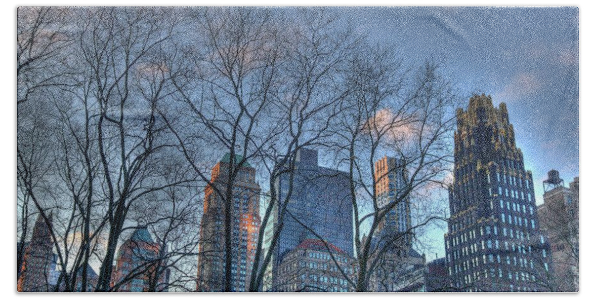 Morning Hand Towel featuring the digital art Manhattan Buildings at Dawn in Winter by Matthew Bamberg