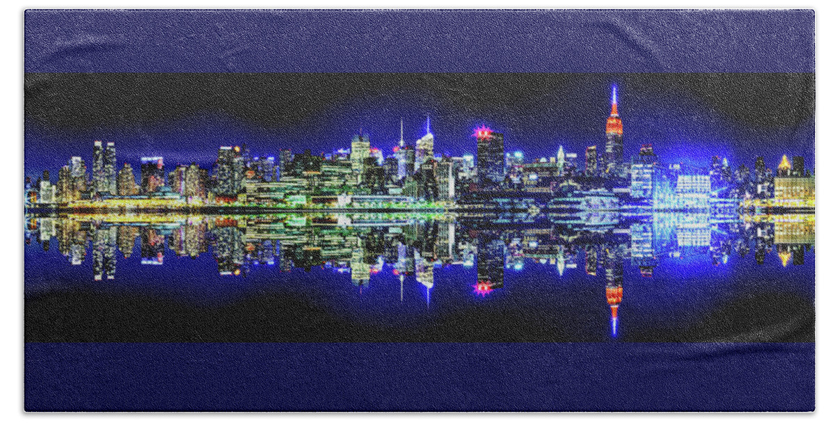 New York City Skyline At Night Bath Towel featuring the photograph Manhattan Cityscape Reflections by Az Jackson