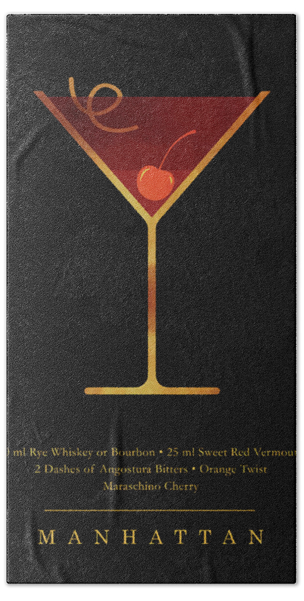 Manhattan Bath Sheet featuring the digital art Manhattan Cocktail - Classic Cocktail Print - Black and Gold - Modern, Minimal Lounge Art by Studio Grafiikka