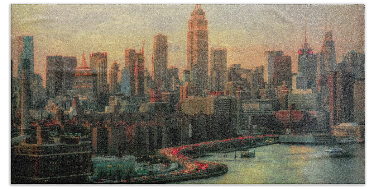 Manhattan Bath Towel featuring the photograph Manhattan Evening Skyline 50's Filter by Michael Hope