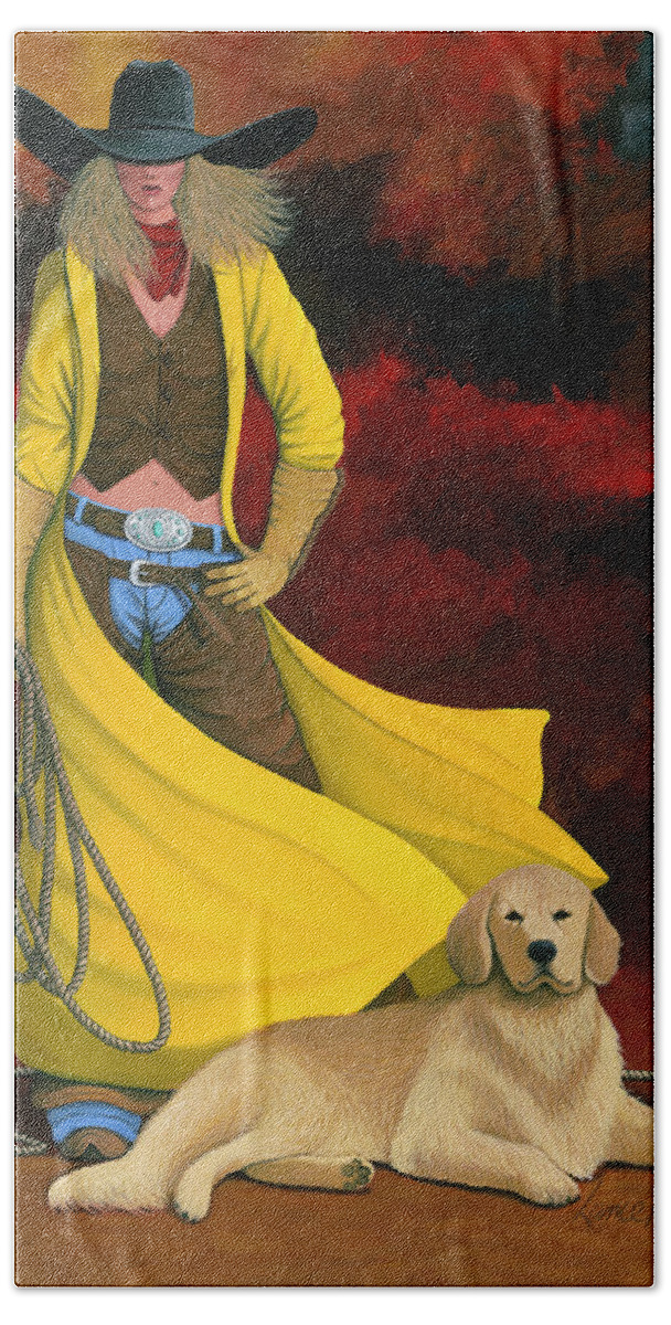 Cowgirl Girl And Dog Hand Towel featuring the painting Man's Best Friend by Lance Headlee
