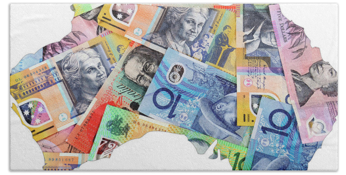 Australia Hand Towel featuring the photograph Map of Australia with Australian money by Milleflore Images