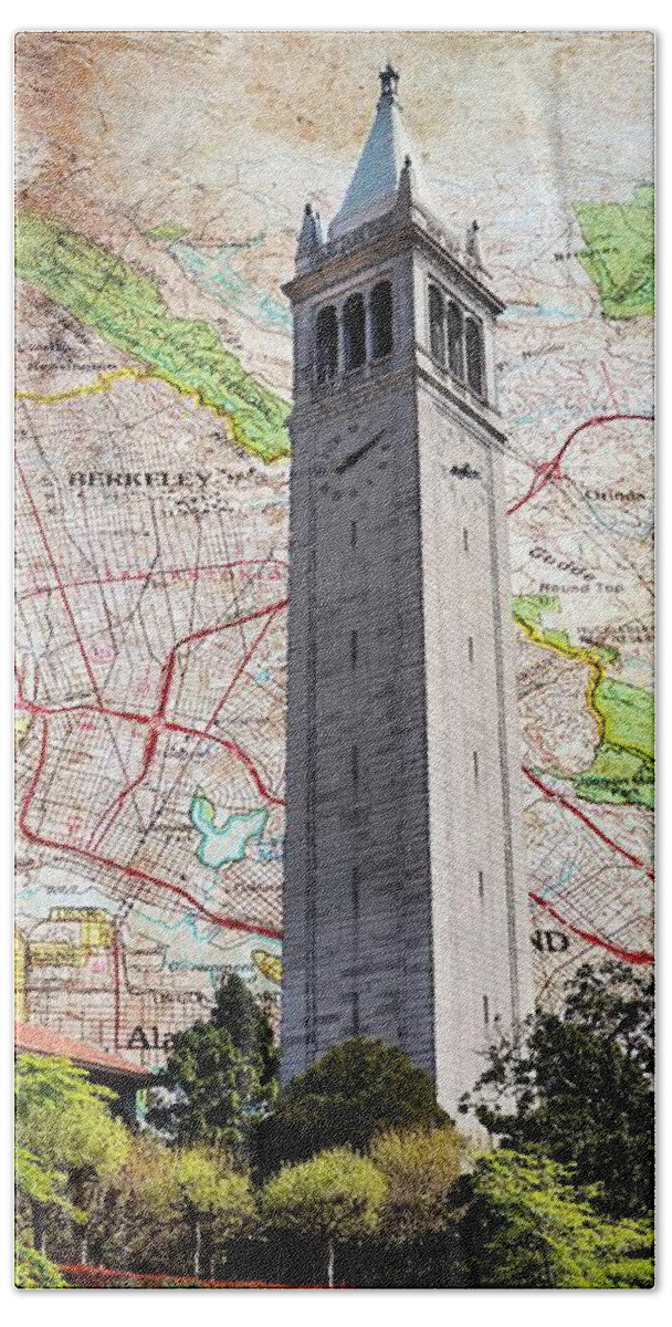 Berkeley Hand Towel featuring the digital art Map of Berkeley, California, on old paper with the Sather Tower by Nicko Prints