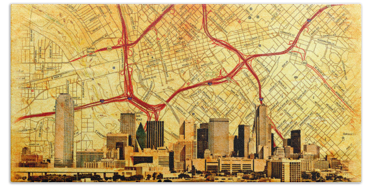 Dallas Hand Towel featuring the digital art Map of Downtown Dallas with the skyline of the city blended on old paper by Nicko Prints