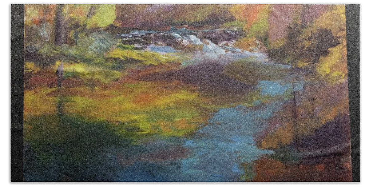 Landscape Bath Towel featuring the painting Maramec Springs by Donna Carrillo