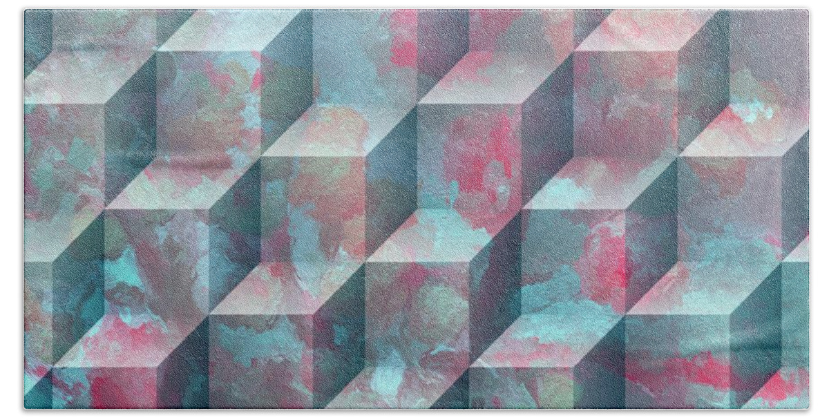 Pink And Aqua Bath Towel featuring the mixed media Marbled Geometric I by Bonnie Bruno