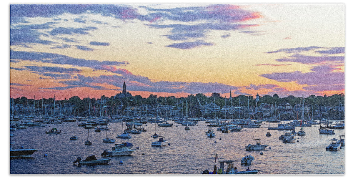 Marblehead Hand Towel featuring the photograph Marblehead MA Sunset over Marblehead Harbor and Abbot Hall by Toby McGuire