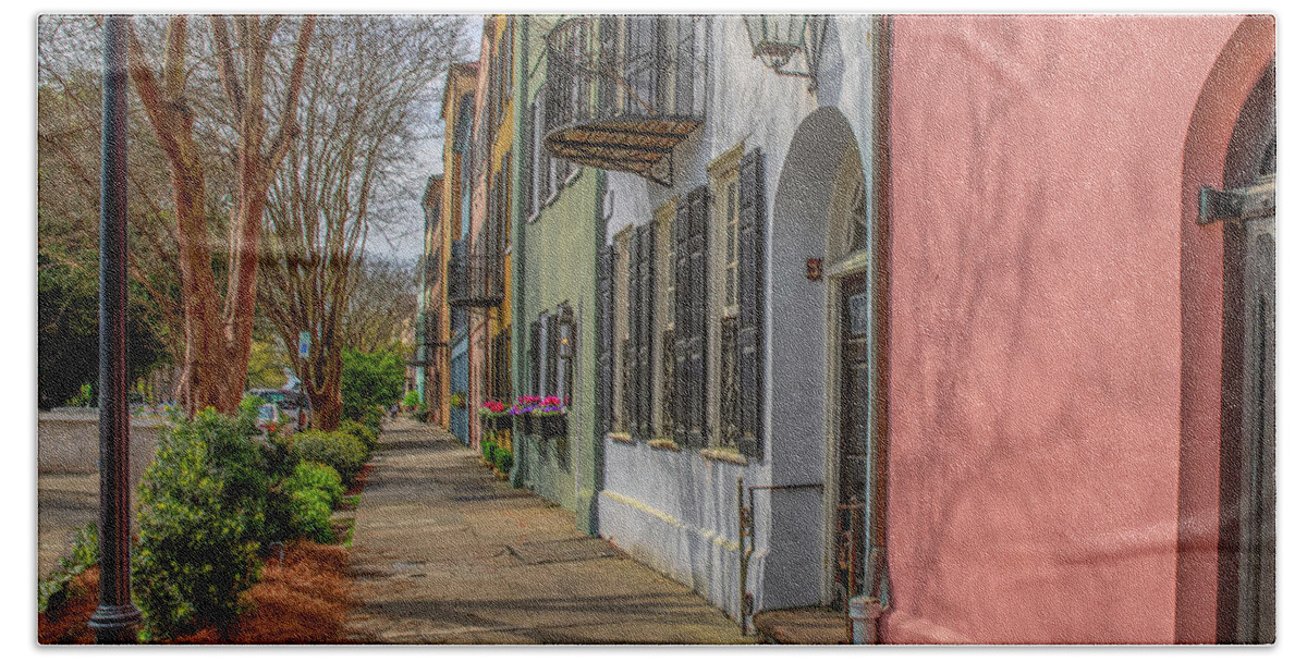 Charleston Bath Towel featuring the photograph March Day on Rainbow Row by Douglas Wielfaert