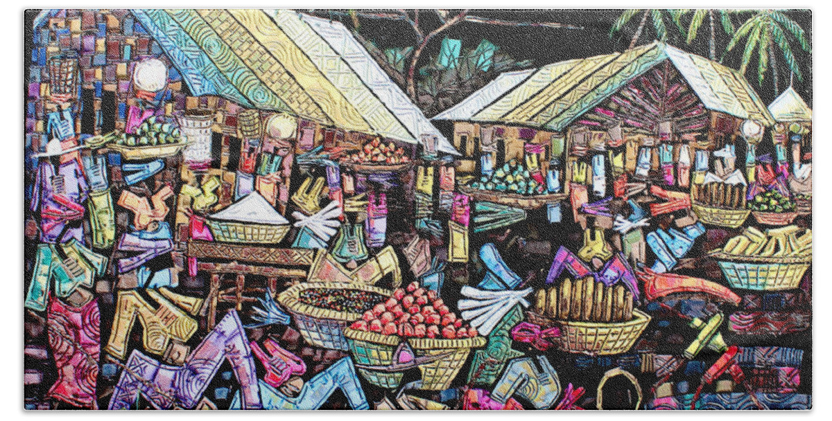 Africa Bath Towel featuring the painting Market at Night by Paul Gbolade Omidiran