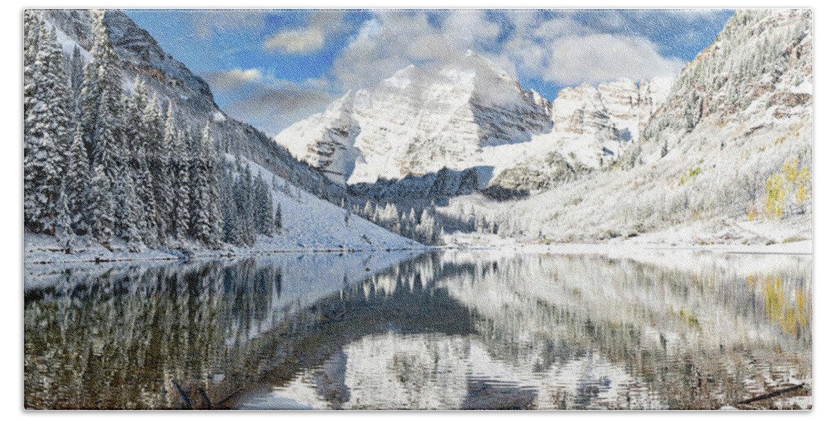 Colorado Bath Towel featuring the photograph Snow covered Maroon Bells in Aspen, Colorado. by Lena Owens - OLena Art Vibrant Palette Knife and Graphic Design