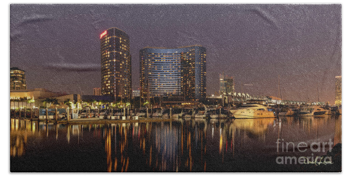 Boats Bath Towel featuring the photograph Marriott Marquis San Diego Marina at Night by David Levin