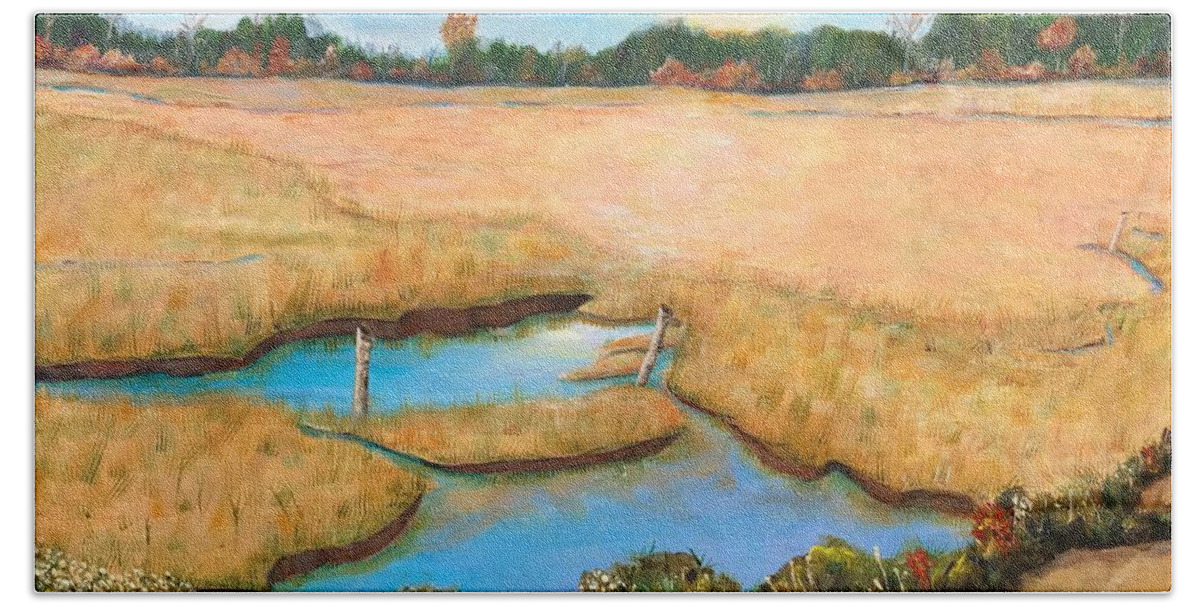 Marsh Bath Towel featuring the painting Marshlands by Deborah Naves