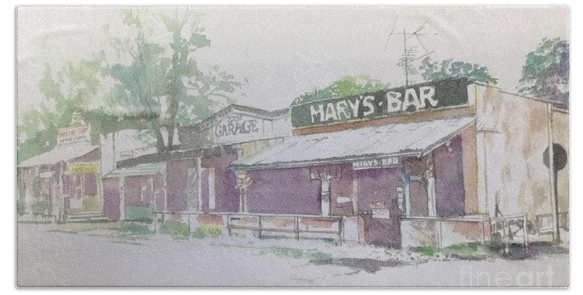 Watercolor Prints Bath Towel featuring the painting Marys Bar Cerrillos by Glen Neff