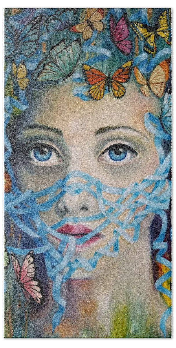Mask Butterflies Blues Face Bath Towel featuring the painting Mask by Caroline Philp