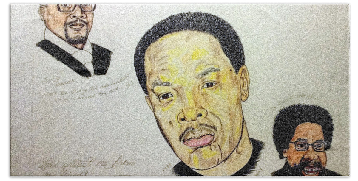 Black Art Bath Towel featuring the drawing Mathis, Dre, and West by Joedee