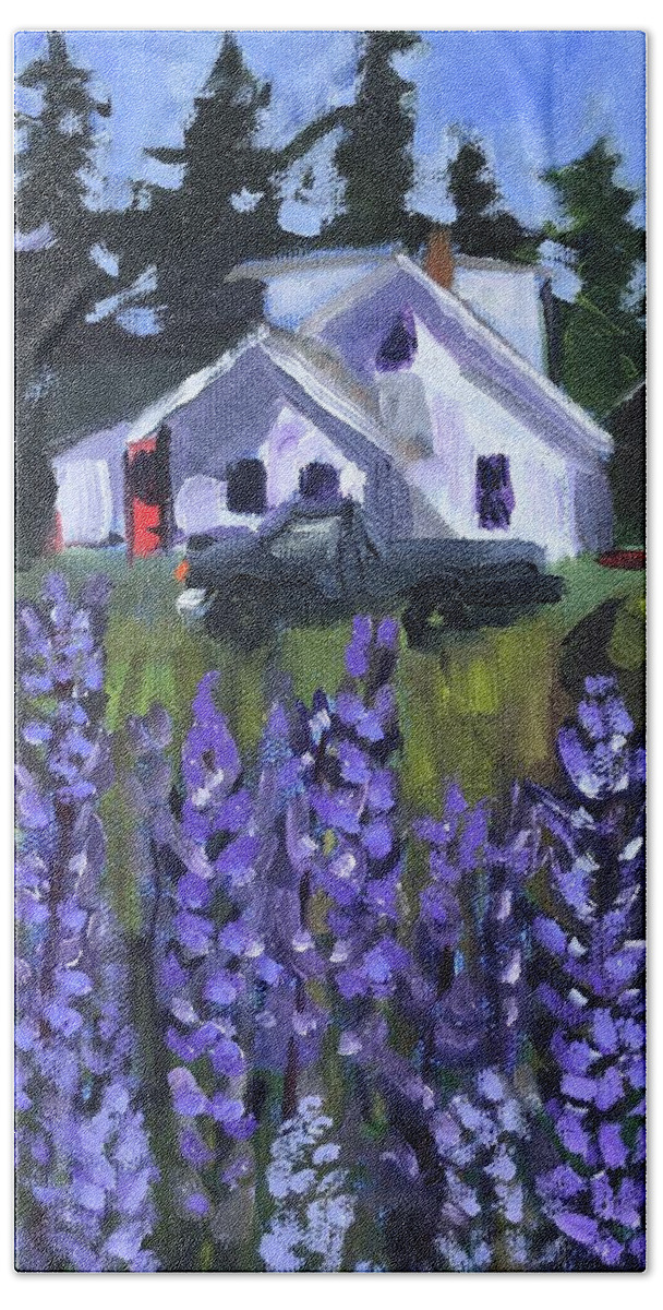 Maine Bath Towel featuring the painting Matinicus House with Lupine by Cyndie Katz