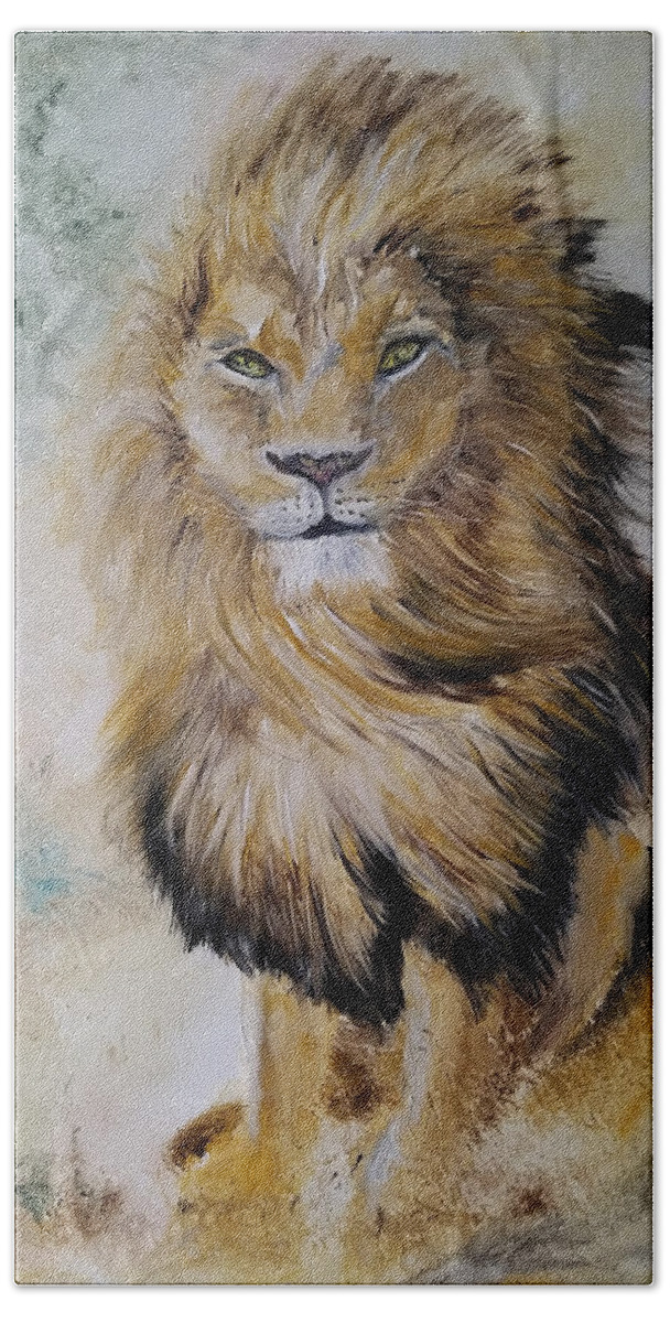 Lion Bath Towel featuring the painting Matthew's Lion by Judith Rhue
