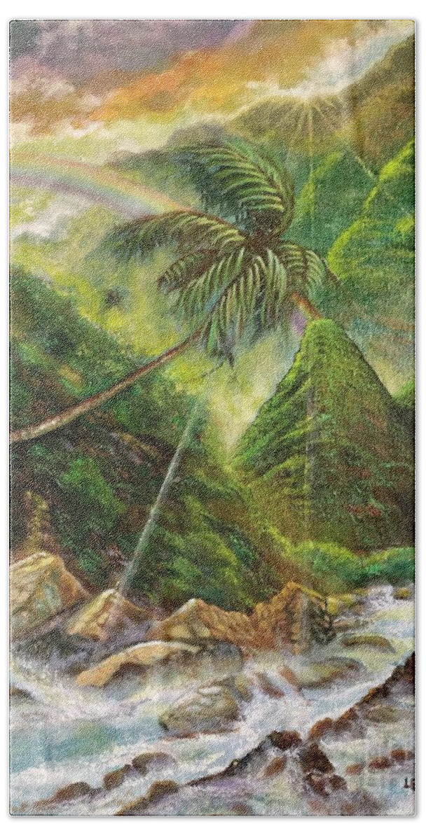 Maui Iao Needle Hawaii Bath Towel featuring the painting Maui Iao Needle by Leland Castro