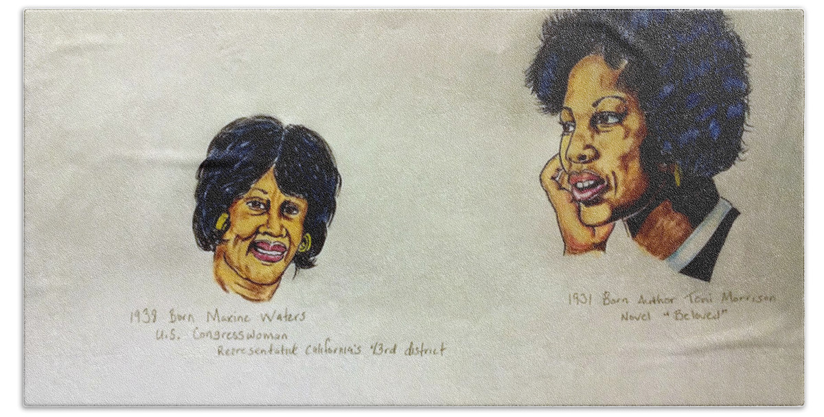  Joedee Bath Towel featuring the drawing Maxine Waters and Toni Morrison by Joedee