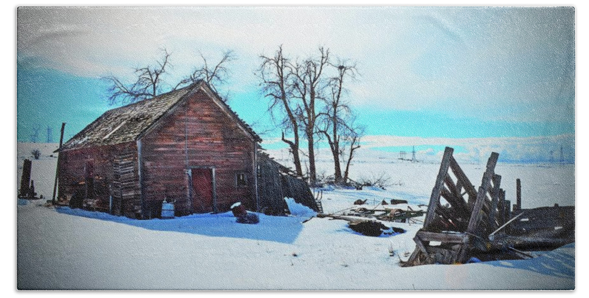  Bath Towel featuring the digital art May Homestead, The Small Barn In Winter. by Fred Loring