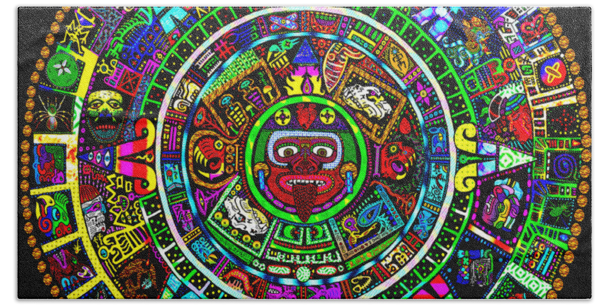 Mayan Calendar Bath Towel featuring the mixed media Mayan Calendar Redux by Myztico Campo