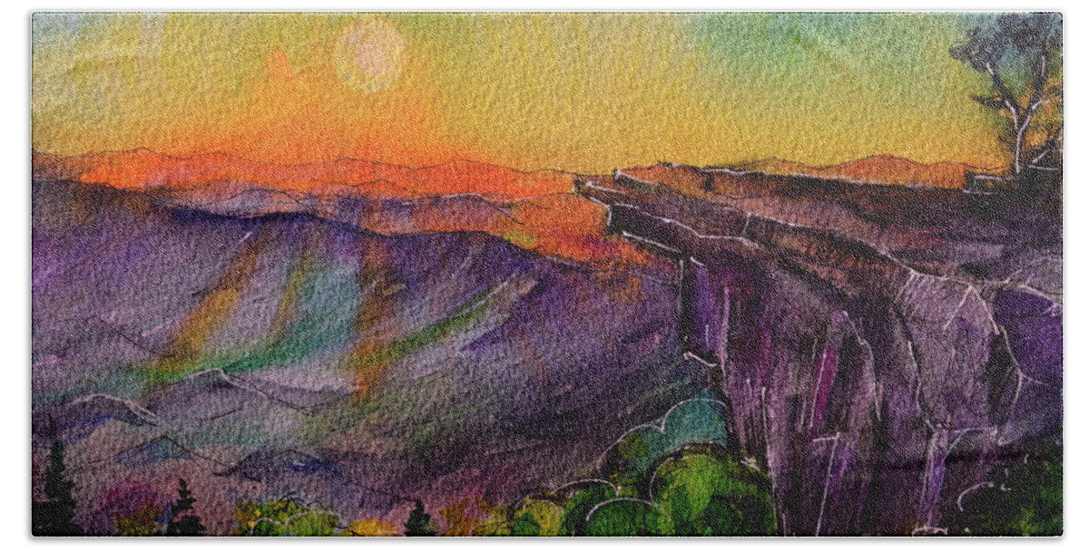 Mcafee Knob Appalachian Trail Bath Towel featuring the painting McAfee Knob watercolor painting by Mona Edulesco