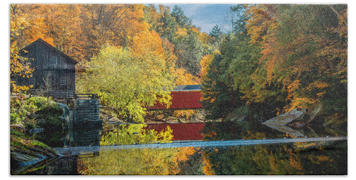Mill Bath Towel featuring the photograph McConnell's Mill and Covered Bridge by Skip Tribby