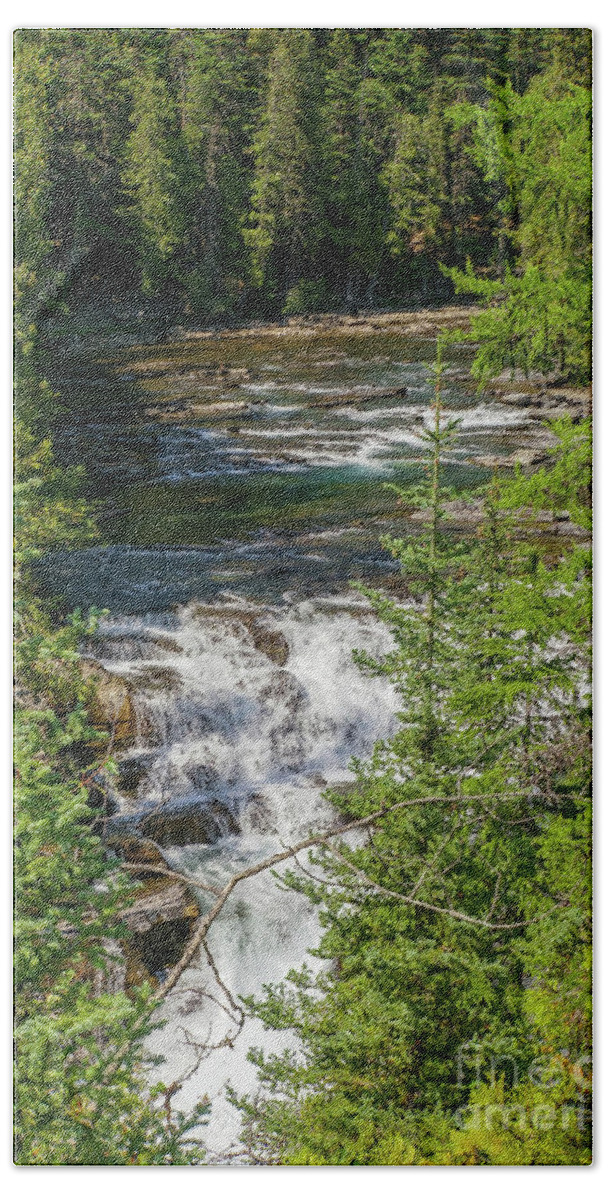 Glacier National Park Hand Towel featuring the photograph McDonald Falls in Glacier National Park #1 by Nancy Gleason