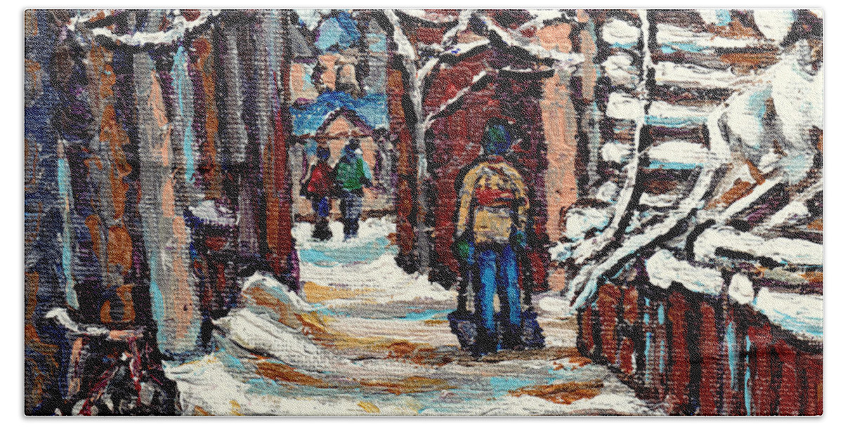 Montreal Bath Towel featuring the painting Mcgill University Winter Walk Snowy Staircase Steps Best Montreal Streetscene Painting C Spandau Art by Carole Spandau