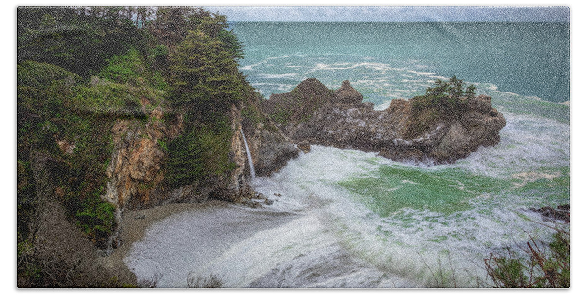 Big Sur Bath Towel featuring the photograph McWay Falls by Laura Macky