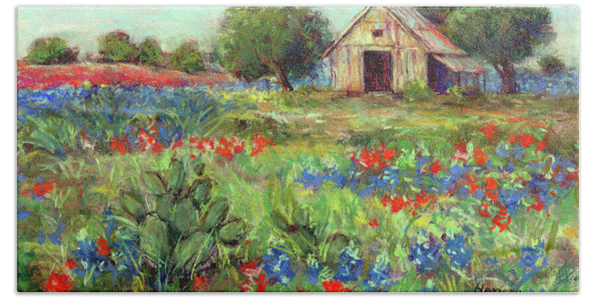 Barn Hand Towel featuring the painting Meadow Barn - pastel colors by Hailey E Herrera