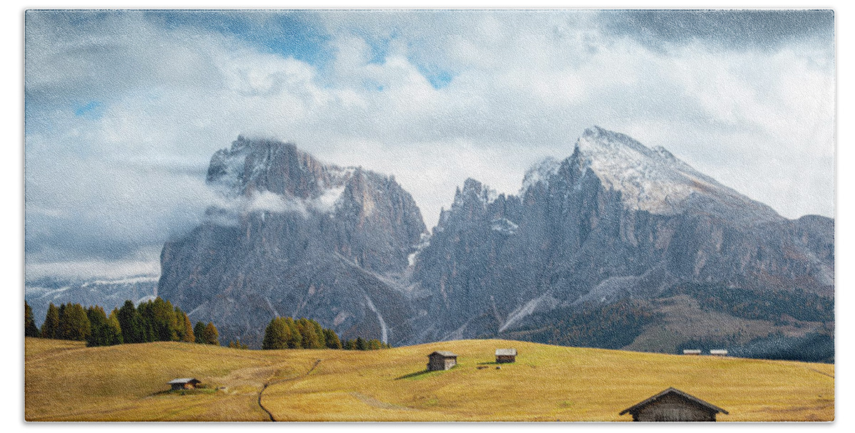 Mountain Landscape Hand Towel featuring the photograph Meadow field and the Dolomiti rocky peaks Alpe di siusi Seiser Alm Italy by Michalakis Ppalis