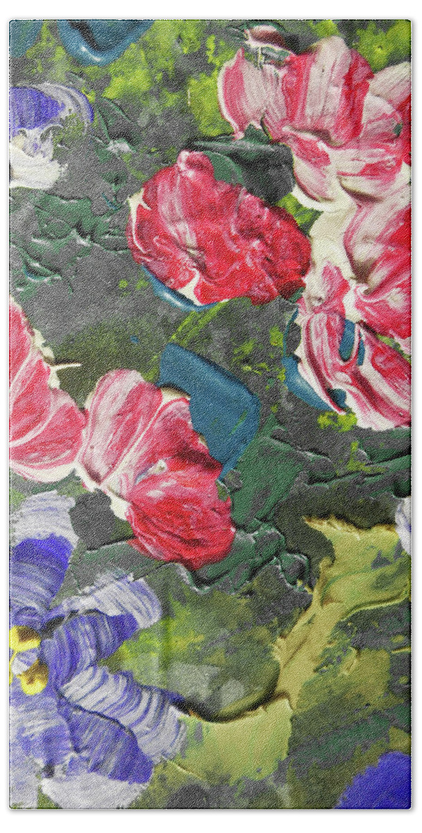 Abstract Flowers Bath Towel featuring the painting Meadow With Pink Purple And Yellow Flowers Contemporary Decorative Art I by Irina Sztukowski
