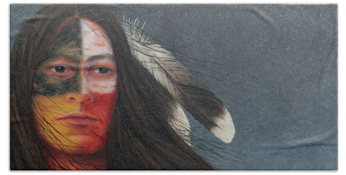 Native American; American Indian; Eagle Feathers; Medicine Wheel; Long Flowing Hair Bath Towel featuring the painting Medicine Man by Valerie Evans