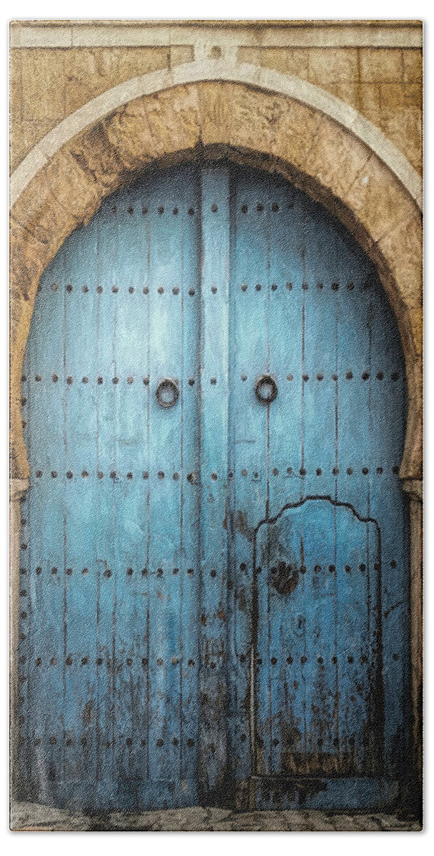 Door Bath Towel featuring the digital art Medieval Blue Arched Door by Susan Hope Finley