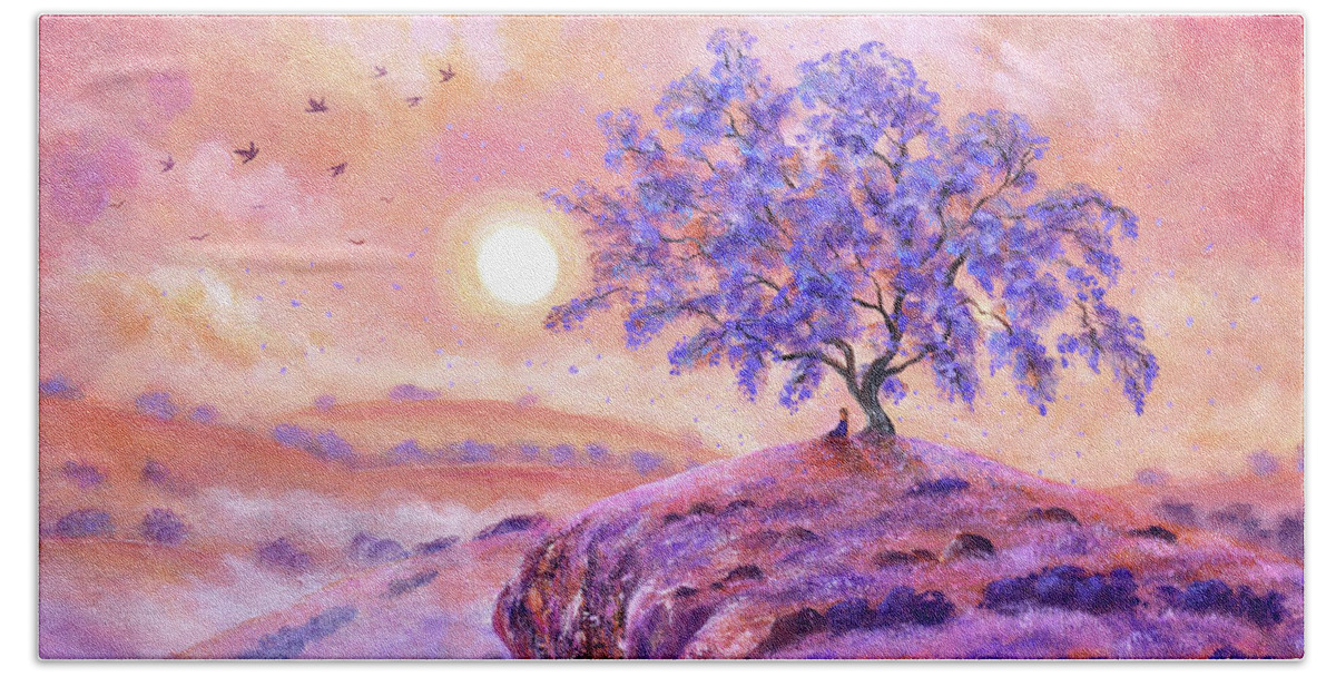 Moon Bath Towel featuring the painting Meditating Under a Jacaranda Tree by Laura Iverson