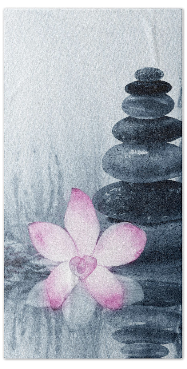 Cairn Bath Towel featuring the painting Meditative Calm And Peaceful Relaxing Zen Rocks Cairn Spa Collection With Flower Watercolor I by Irina Sztukowski