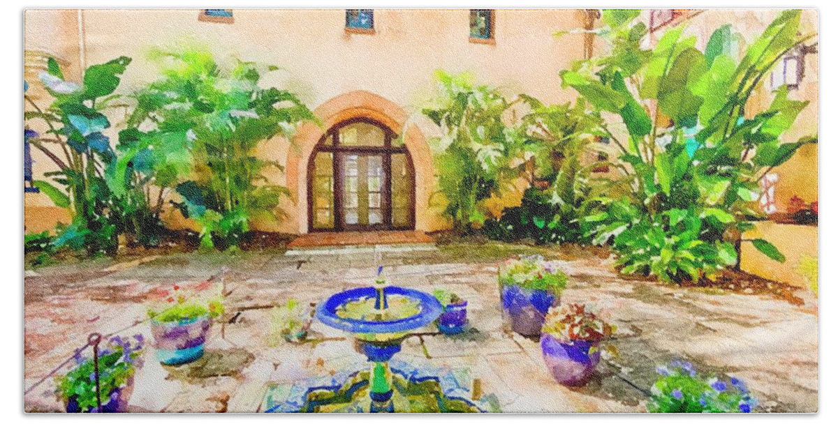 Home Bath Towel featuring the painting Mediterranean Revival Home Watercolor by Susan Rydberg
