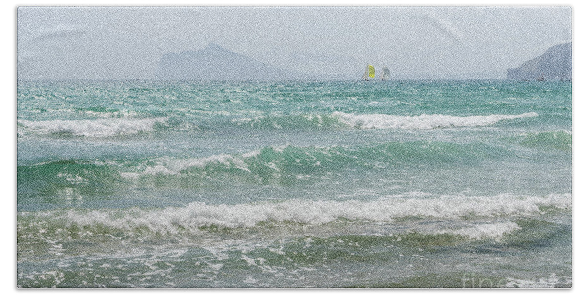 Mediterranean Sea Bath Towel featuring the photograph Mediterranean Sea with waves and sailboats by Adriana Mueller