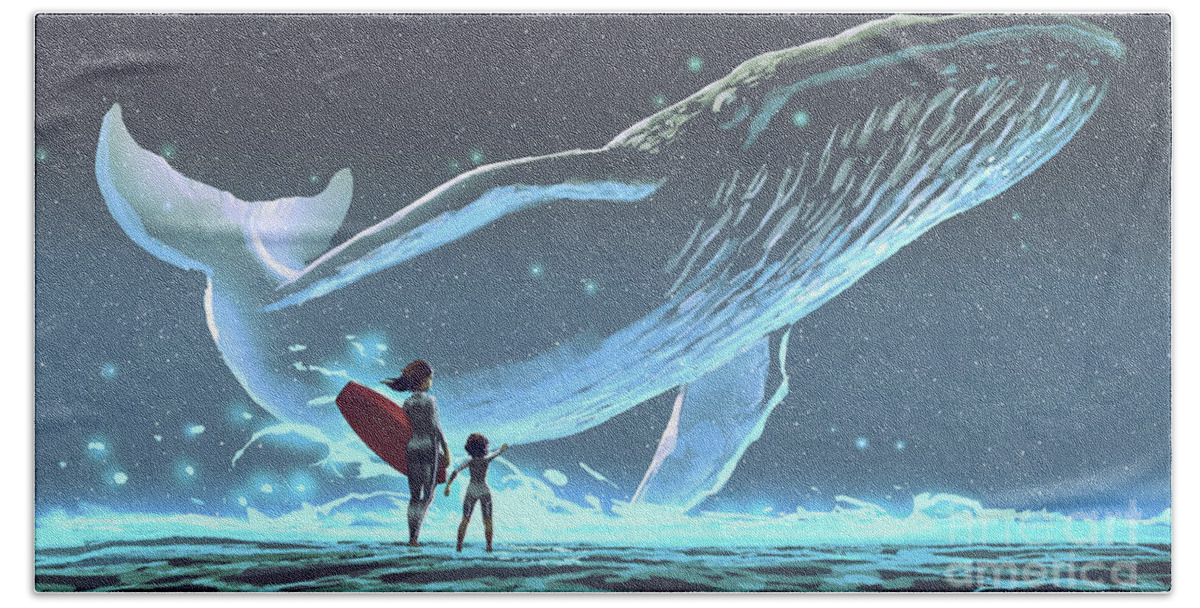Illustration Bath Towel featuring the painting Meet the legendary whale by Tithi Luadthong