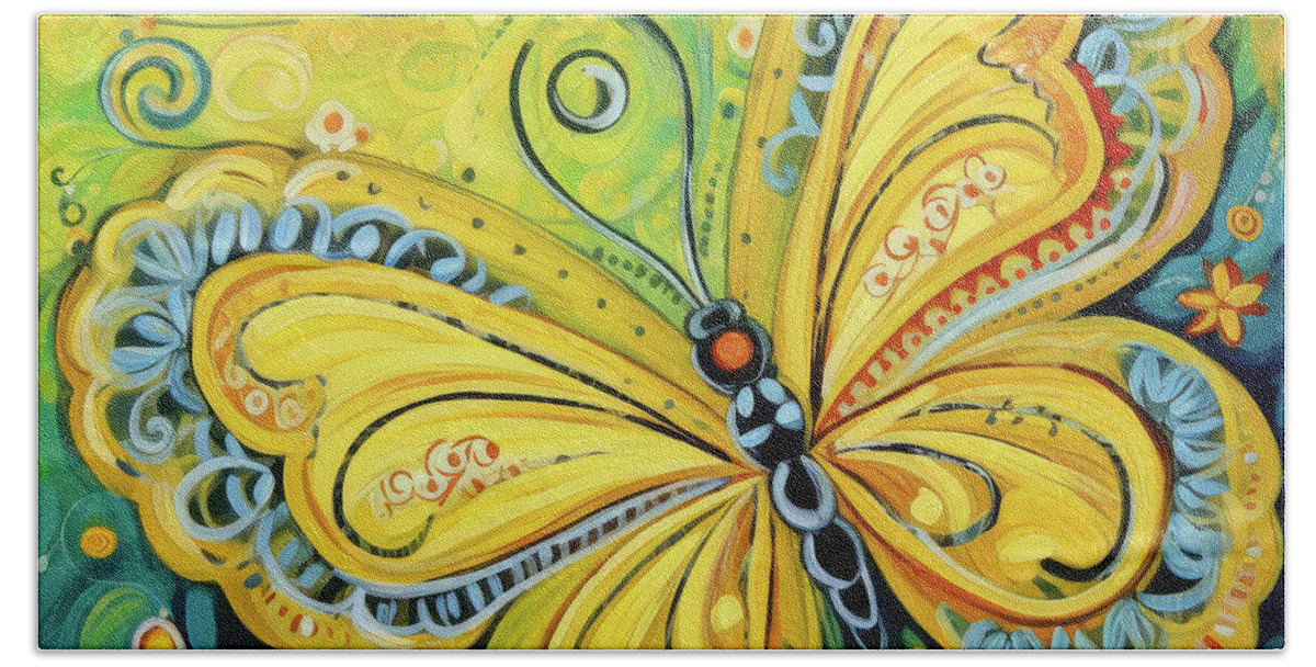 Yellow Butterfly Bath Towel featuring the painting Mellow Yellow Butterfly by Tina LeCour